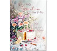 doodlecards Grandma Birthday Card Birthday Cake and Flowers Large A4 Size with Plain Envelope
