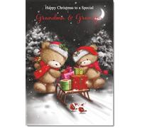 doodlecards Grandma & Grandpa Christmas Card Cute Bears at Night Medium Size with Plain Red Envelope, 21 x 15cm