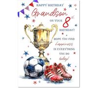 doodlecards Grandson 8th Birthday Card Age 8 Footballer's Trophy
