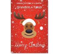 doodlecards Grandson and Family Christmas Card Rudolph on Red Background Medium Size Christmas Card for Grandson & Family with Plain Envelope