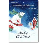 doodlecards Grandson and Fiancee Christmas Card Bear on Sled Medium Size Christmas Card for Grandson & Fiancee with Plain Envelope