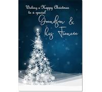 doodlecards Grandson and Fiancee Christmas Card Blue Contemporary Christmas Tree Medium Size Christmas Card for Grandson & Fiancee with Plain Envelope