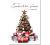 doodlecards Grandson and Fiancee Christmas Card Christmas Tree and Parcels Medium Size Christmas Card for Grandson & Fiancee with Plain Envelope