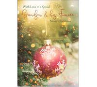 doodlecards Grandson and Fiancee Christmas Card Christmas Tree Bauble Medium Size Christmas Card for Grandson & Fiancee with Plain Envelope