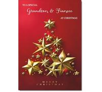 doodlecards Grandson and Fiancee Christmas Card Gold Star Christmas Tree Medium Size Christmas Card for Grandson & Fiancee with Plain Envelope