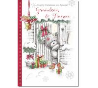doodlecards Grandson and Fiancee Christmas Card Grey Bear in Snow Medium Size Christmas Card for Grandson & Fiancee with Plain Envelope