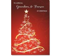 doodlecards Grandson and Fiancee Christmas Card Red Abstract Christmas Tree Medium Size Christmas Card for Grandson & Fiancee with Plain Envelope