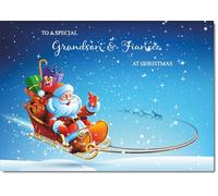 doodlecards Grandson and Fiancee Christmas Card Santas Sleigh Medium Size Christmas Card for Grandson & Fiancee with Plain Envelope