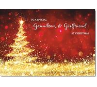 doodlecards Grandson and Girlfriend Christmas Card Gold Abstract ChristmasTree Medium Size Christmas Card for Grandson & Girlfriend with Plain Envelope