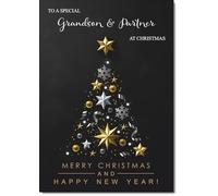 doodlecards Grandson and Partner Christmas Card Black Abstract Christmas Tree Medium Size Christmas Card for Grandson & Partner with Plain Envelope