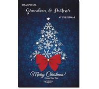 doodlecards Grandson and Partner Christmas Card Blue Abstract Christmas Tree Large A4 Size Christmas Card for Grandson & Partner with Plain Envelope