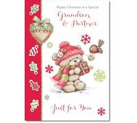doodlecards Grandson and Partner Christmas Card Cute Bear with Red Hat Medium Size Christmas Card for Grandson & Partner with Plain Envelope