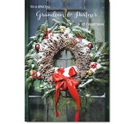 doodlecards Grandson and Partner Christmas Card Wreath Medium Size Christmas Card for Grandson & Partner with Plain Envelope