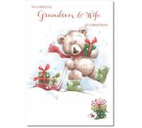 doodlecards Grandson and Wife Christmas Card Cute Bear with Sled Medium Size Christmas Card for Grandson & Wife with Plain Envelope