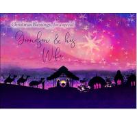 doodlecards Grandson and Wife Christmas Card Nativity Scene Evening Watercolour Medium Size Christmas Card for Grandson & Wife with Plain Envelope