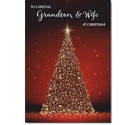 doodlecards Grandson and Wife Christmas Card Red Christmas Tree Medium Size Christmas Card for Grandson & Wife with Plain Envelope