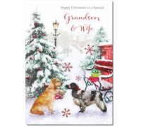 doodlecards Grandson and Wife Christmas Card Two Dogs in Snow Medium Size Christmas Card for Grandson & Wife with Plain Envelope