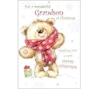 doodlecards Grandson Christmas Card Teddy Bear With Red Scarf Medium Size Christmas Card for Grandson with Plain Envelope