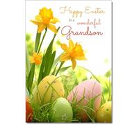 doodlecards Grandson Easter Card Daffodils & Eggs Medium Size with Plain Envelope