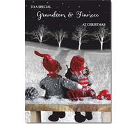 doodlecards Grandson & Fiancee Christmas Card Couple at Night Medium Size with Plain Red Envelope