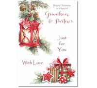 doodlecards Grandson & Partner Christmas Card Lamp and Parcels Medium Size with Plain Red Envelope, 21 x 15cm