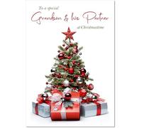 doodlecards Grandson & Partner Christmas Card Parcels and Christmas Tree Medium Size with Plain Envelope
