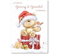 doodlecards Granny and Grandad Christmas Card Cute Bear on Parcel Large A4 Size Christmas Card for Granny & Grandad with Plain Envelope