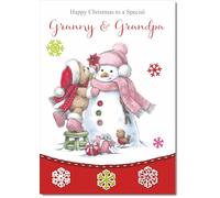 doodlecards Granny and Grandpa Christmas Card Cute Bear with Snowman Medium Size Christmas Card for Granny & Grandpa with Plain Envelope