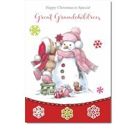 doodlecards Great Grandchildren Christmas Card Cute Bear with Snowman Medium Size Christmas Card for Great Grandchildren with Plain Envelope