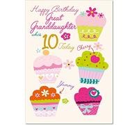 doodlecards Great Granddaughter 10th Birthday Card Age 10 Cupcake Medium Size with Plain Envelope