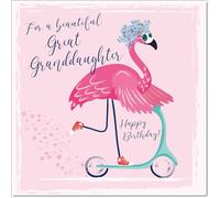 doodlecards Great Granddaughter Birthday Card Flamingo Skooter Square Size with Plain Envelope