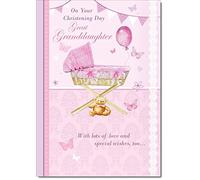 doodlecards Great Granddaughter Christening Card Baby Basket Medium Size with Plain Envelope