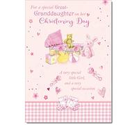 doodlecards Great Granddaughter Christening Card Moses Basket Medium Size with Plain Envelope