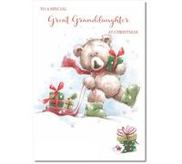 doodlecards Great Granddaughter Christmas Card Cute Bear with Sled Medium Size Christmas Card for Great Granddaughter with Plain Envelope