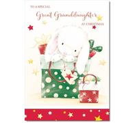 doodlecards Great Granddaughter Christmas Card Cute Rabbit with Parcels Medium Size Christmas Card for Great Granddaughter with Plain Envelope