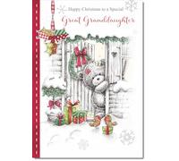 doodlecards Great Granddaughter Christmas Card Grey Bear in Snow Medium Size Christmas Card for Great Granddaughter with Plain Envelope