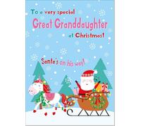 doodlecards Great Granddaughter Christmas Card Magic Santas Sleigh With Unicorn Medium Size Christmas Card for Great Granddaughter with Plain Envelope