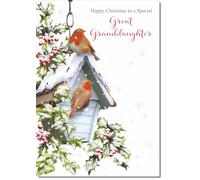 doodlecards Great Granddaughter Christmas Card Two Robins in Snow Medium Size Christmas Card for Great Granddaughter with Plain Envelope