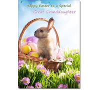 doodlecards Great Granddaughter Easter Card Bunny and Eggs in Basket Medium Size with Plain Envelope