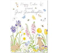 doodlecards Great Granddaughter Easter Card Spring Flowers with Bunnies Medium Size with Plain Envelope