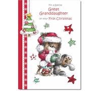 doodlecards Great Granddaughters 1st First Christmas Card Cute Bear Medium Size Christmas Card for Great Granddaughters 1st with Plain Envelope
