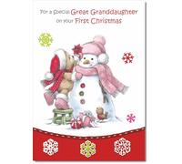 doodlecards Great Granddaughters 1st First Christmas Card Cute Bear with Snowman Large A4 Size Christmas Card for Great Granddaughters 1st with Plain Envelope