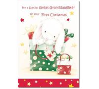 doodlecards Great Granddaughters 1st First Christmas Card Cute Rabbit with Parcels Large A4 Size Christmas Card for Great Granddaughters 1st with Plain Envelope