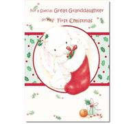 doodlecards Great Granddaughters 1st First Christmas Card Cute Rabbit with Stocking Medium Size Christmas Card for Great Granddaughters 1st with Plain Envelope