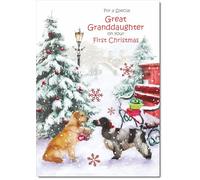 doodlecards Great Granddaughters 1st First Christmas Card Two Dogs in Snow Large A4 Size Christmas Card for Great Granddaughters 1st with Plain Envelope
