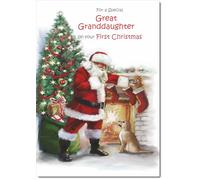 doodlecards Great Granddaughters First Christmas Card Santa by Christmas Tree Medium Size with Plain Red Envelope, 21 x 15cm