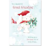 doodlecards Great Grandma Christmas Card Cute Rabbit with Holly Medium Size Christmas Card for Great Grandma with Plain Envelope
