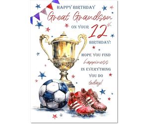 doodlecards Great Grandson 12th Birthday Card Age 12 Footballers Trophy | Medium Size. Includes Plain Envelope for Sending. Printed in the UK on Thick Italian Board. Eco Friendly 100% Recyclable.