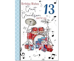 doodlecards Great Grandson 13th Birthday Card Age 13 Drumkit