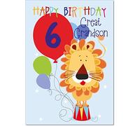 doodlecards Great Grandson 6th Birthday Card Age 6 Circus Lion Medium Size with Plain Envelope